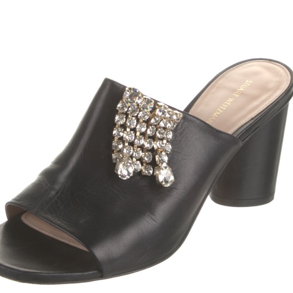 Stuart Weitzman Black High Heel Slides with Crystal Embellishment W 9M - Picture 1 of 7